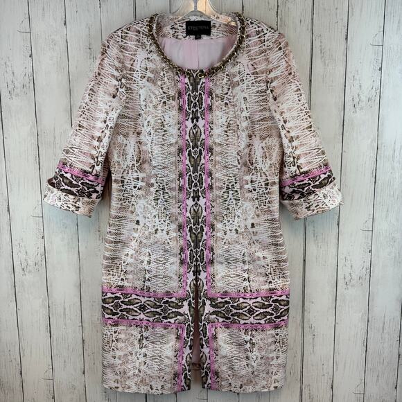 Etcetera Pink Snake Print 3/4 Sleeve Chain Neck Trench Dress Jacket Coat Size 12 - Picture 1 of 14